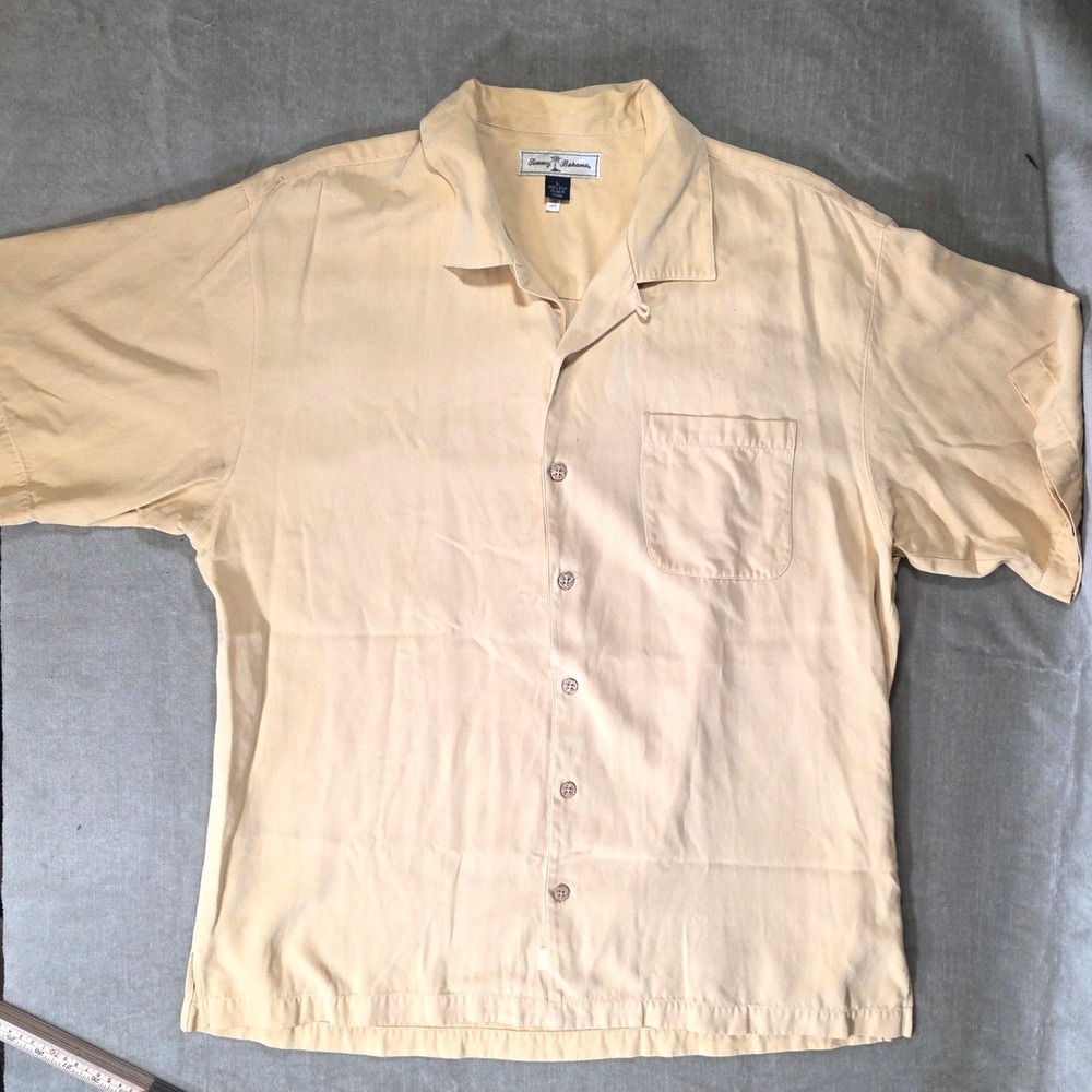 Tommy Bahama Sample Mens Large Silk Short Sleeve Button Up Lt Yellow Camp Shirt